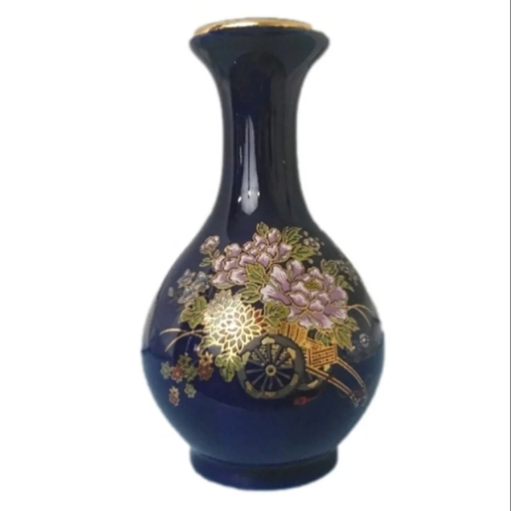 Kutani Japanese Blue Metallic Floral Mini Flower Collectable Plant Vase Decor